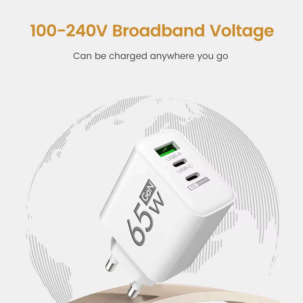 65W GaN USB Type-C PD Fast Charger - Quick Charge Power Adapter