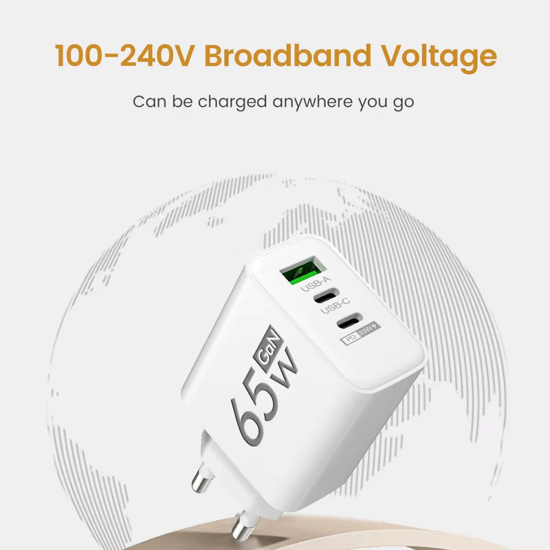 65W GaN USB Type-C PD Fast Charger - Quick Charge Power Adapter