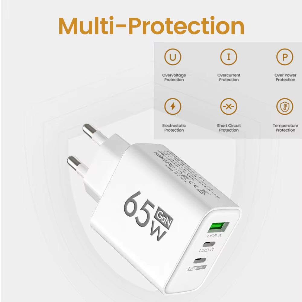 65W GaN USB Type-C PD Fast Charger - Quick Charge Power Adapter