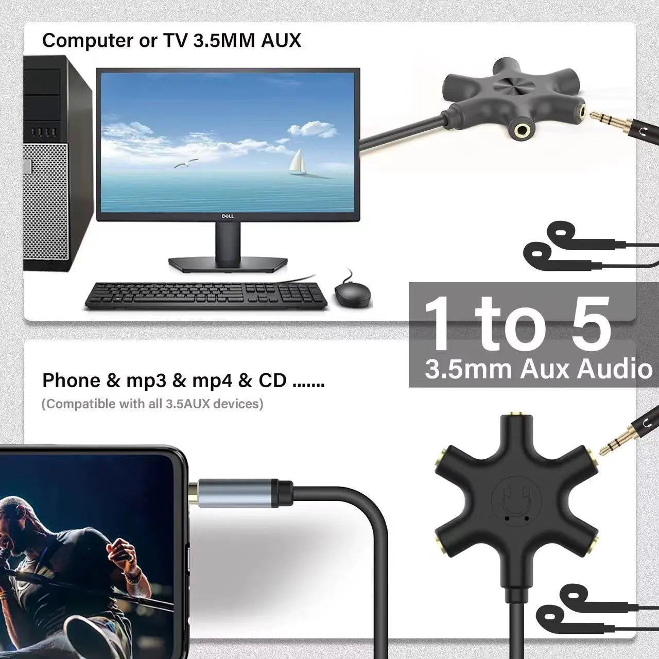 3.5mm 5-Jack Multi-Headphone Audio Splitter for Audio Mixing and Shared Experiences