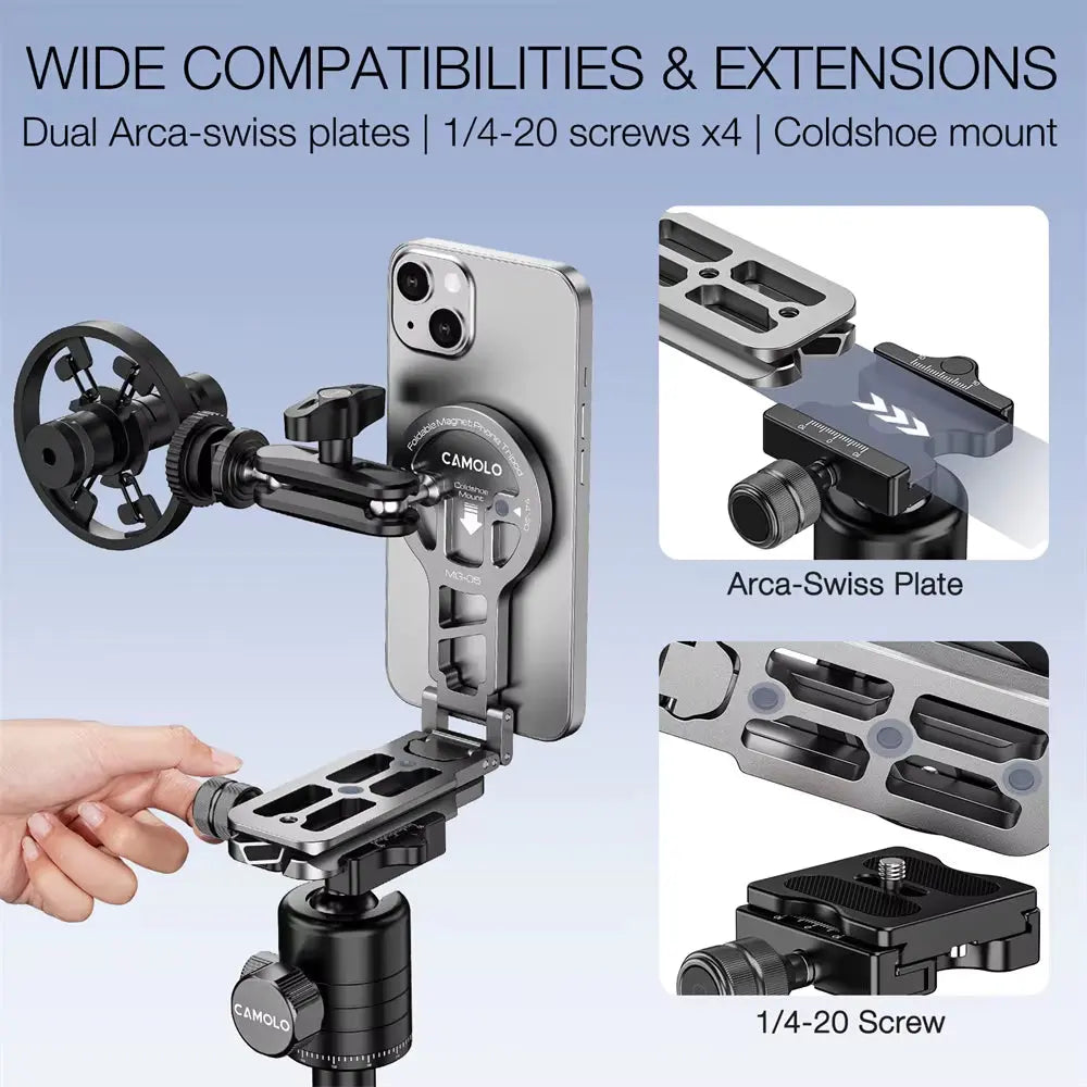Aluminum Magnetic Selfie Stick Tripod with Arca Plate and 1/4-20 Cold Shoe for Foldable Phone Mount Compatibility with MagSafe iPhone 15, 14, and Samsung Devices