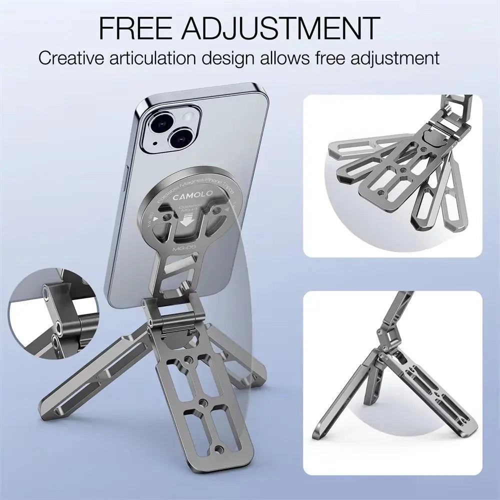 Aluminum Magnetic Selfie Stick Tripod with Arca Plate and 1/4-20 Cold Shoe for Foldable Phone Mount Compatibility with MagSafe iPhone 15, 14, and Samsung Devices
