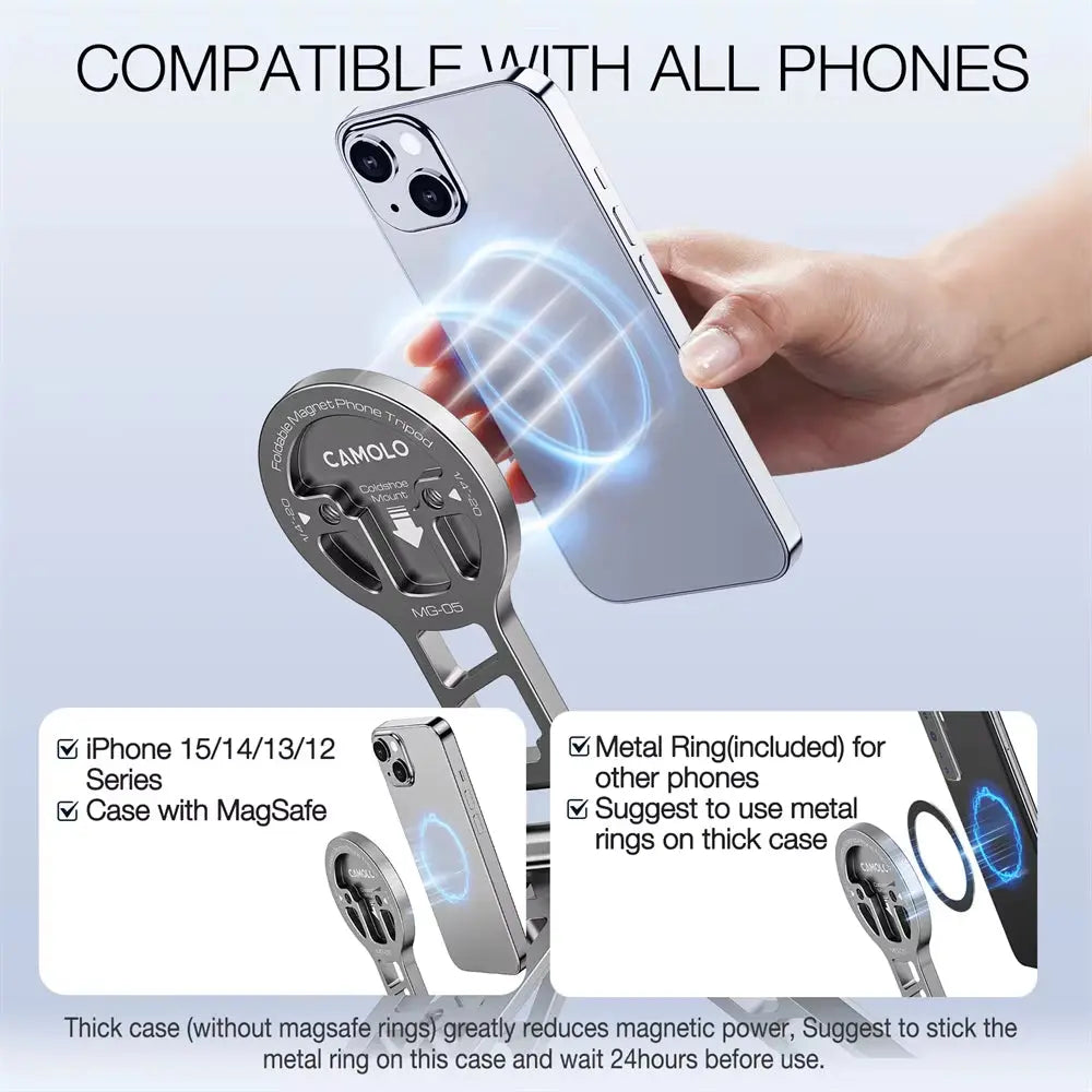Aluminum Magnetic Selfie Stick Tripod with Arca Plate and 1/4-20 Cold Shoe for Foldable Phone Mount Compatibility with MagSafe iPhone 15, 14, and Samsung Devices