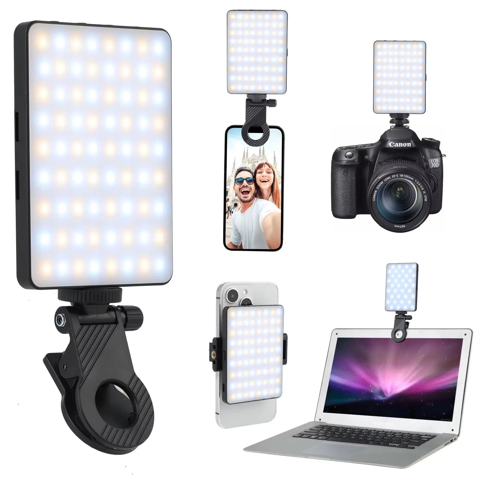 Rechargeable 72 LED Dual-Sided Selfie Light with Phone Clip (for iPhone, iPad, Laptop, and Camera)