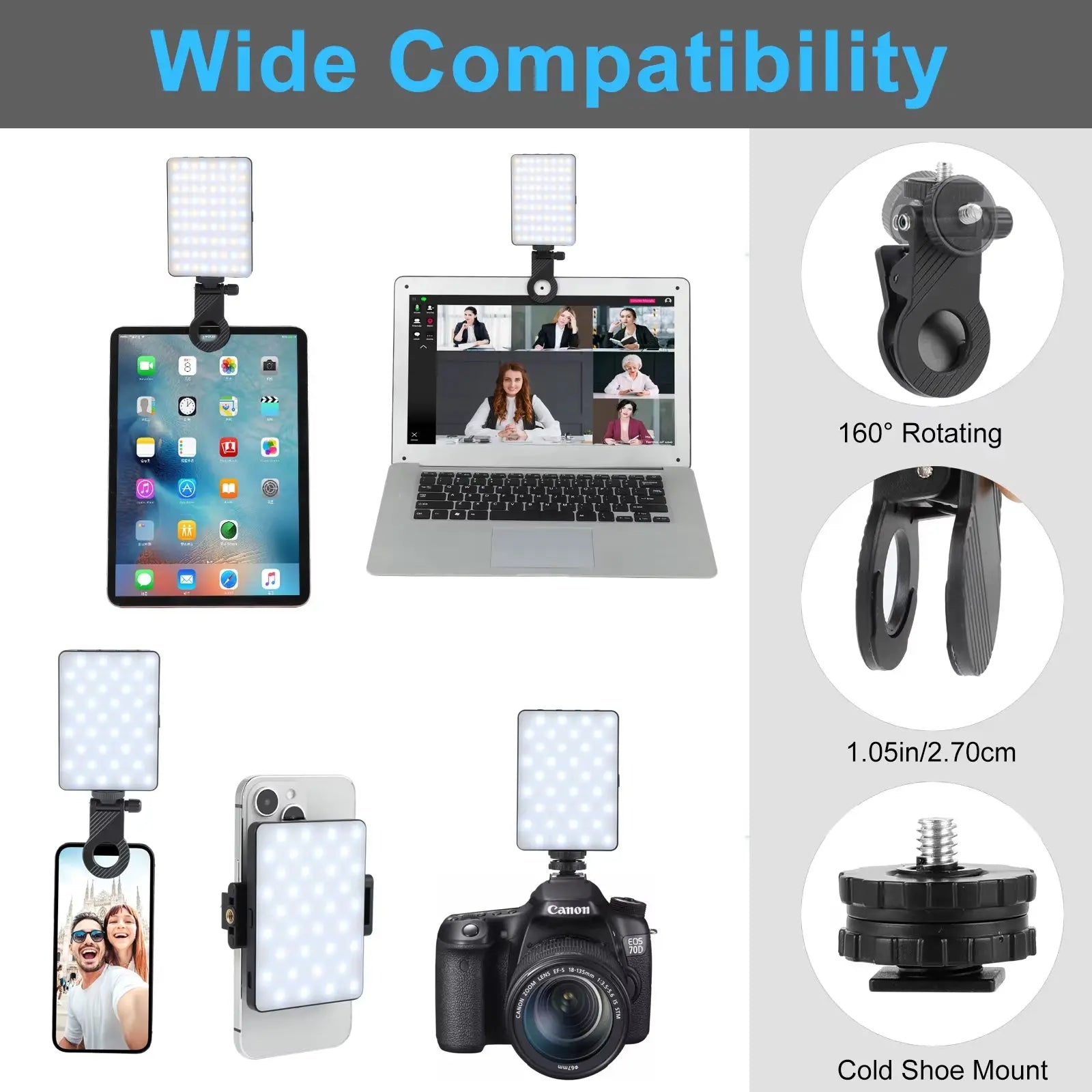 Rechargeable 72 LED Dual-Sided Selfie Light with Phone Clip (for iPhone, iPad, Laptop, and Camera)