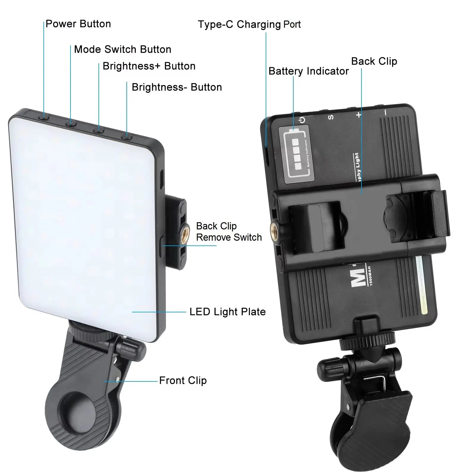 Rechargeable 72 LED Dual-Sided Selfie Light with Phone Clip (for iPhone, iPad, Laptop, and Camera)