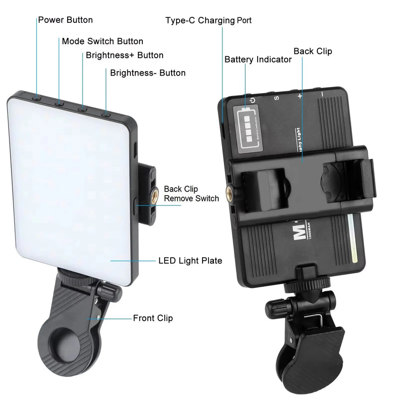 Rechargeable 72 LED Dual-Sided Selfie Light with Phone Clip (for iPhone, iPad, Laptop, and Camera)
