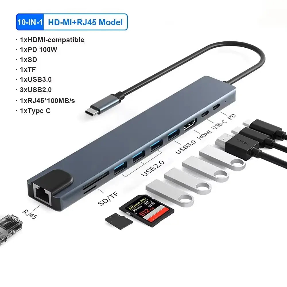 10-in-1 USB-C Hub Docking Station for MacBook, iPad, Huawei, and Samsung Devices