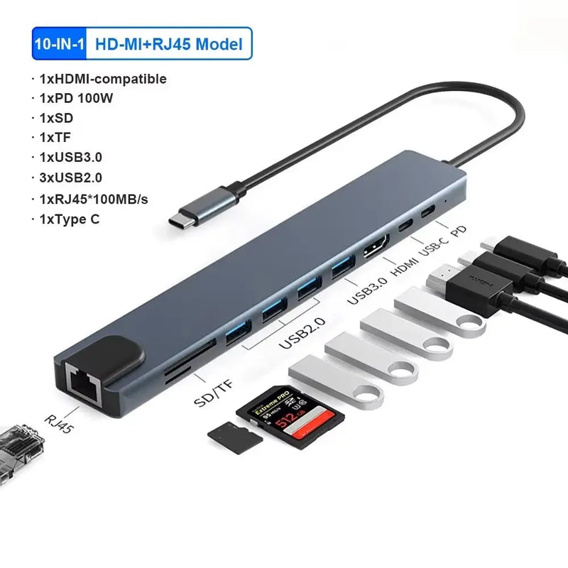 10-in-1 USB-C Hub Docking Station for MacBook, iPad, Huawei, and Samsung Devices