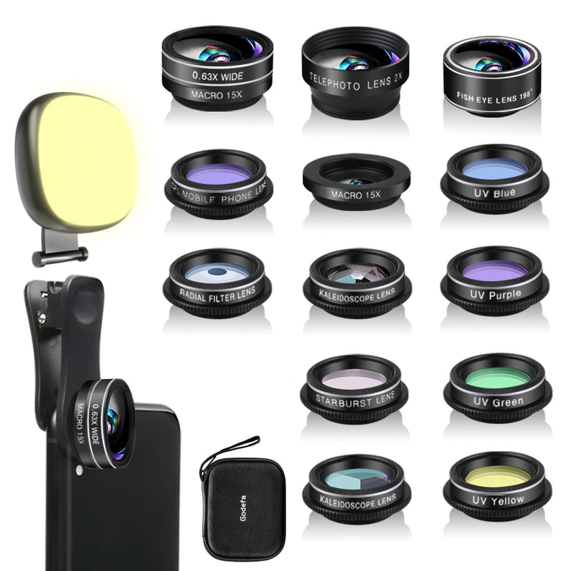 Godefa Phone Camera Lens Kit, 14 in 1 Lenses with Selfie Light for iPhone 14 13 12 11 Xs X Pro Samsung and Other Andriod Smartphone, Universal Clip on Wide Angle+Macro+ Fisheye Camera Lenses - REFLECTBUDDY