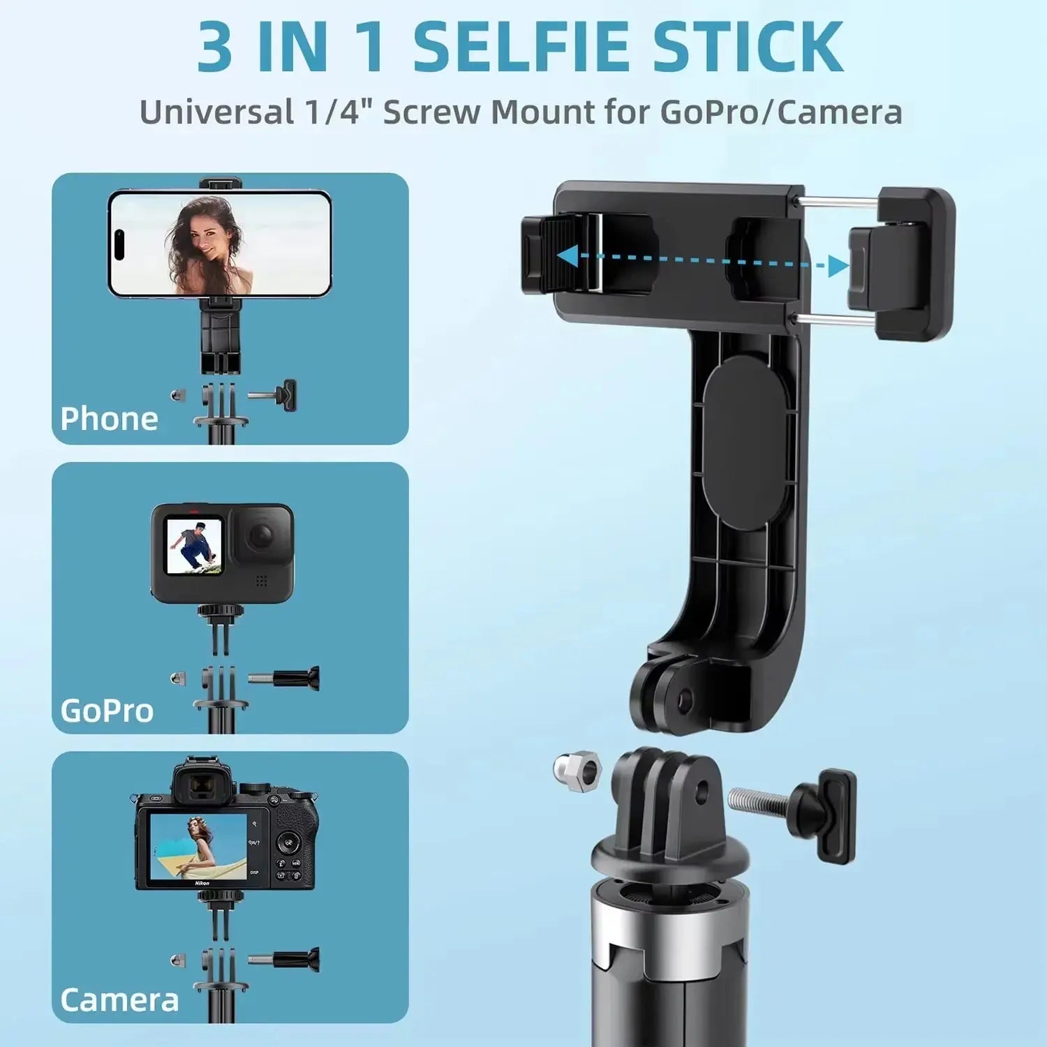 Extendable 40-Inch Selfie Stick Tripod with Rechargeable Bluetooth Remote and 1/4 Inch Screw for Smartphones, Compatible with Android and iPhone