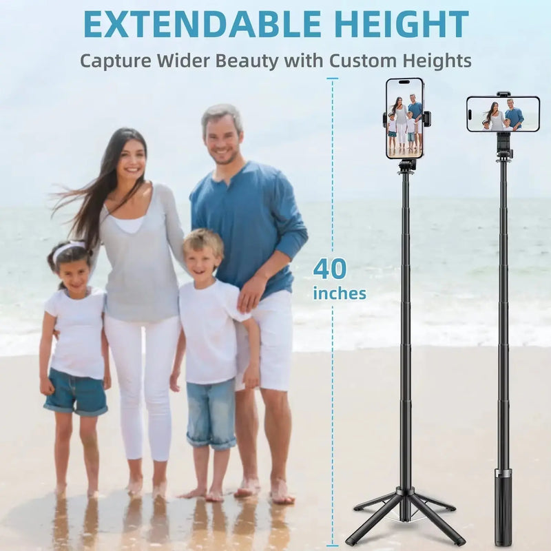 Extendable 40-Inch Selfie Stick Tripod with Rechargeable Bluetooth Remote and 1/4 Inch Screw for Smartphones, Compatible with Android and iPhone