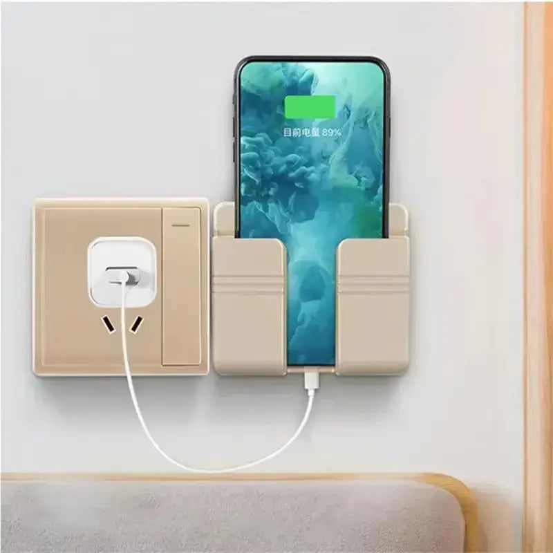 Wall-Mounted Mobile Phone Holder and Storage Box with Charging Support for Remote Control and Cell Phones