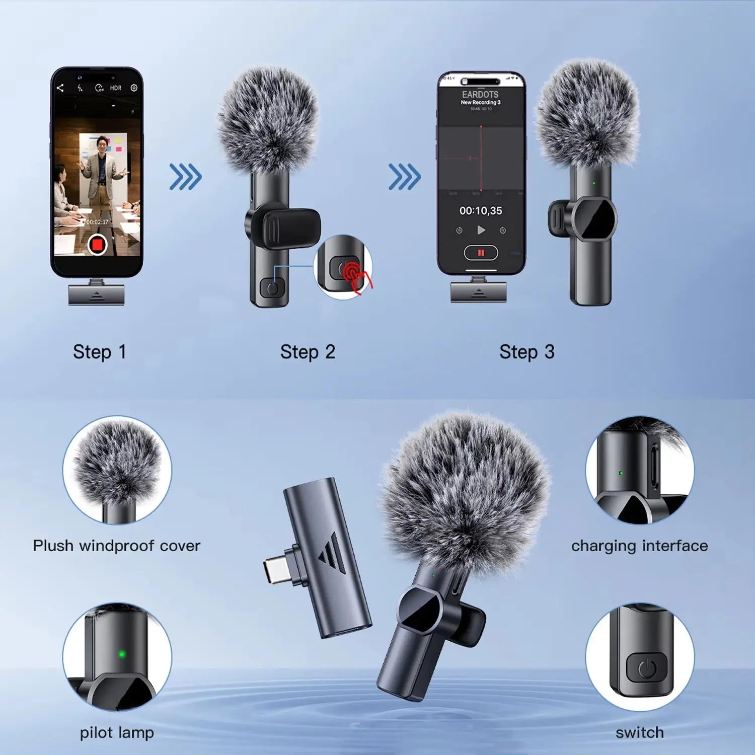 Wireless Lavalier Microphone for Mobile Devices with Noise Reduction for Audio and Video Recording